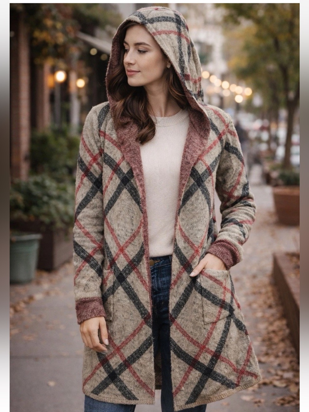 Joseph A Hooded Plaid Open-Front Cardigan